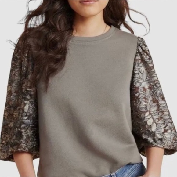 Anthropologie Amandi Floral Puff Sleeve Crewneck Sweatshirt - Picture 1 of 10